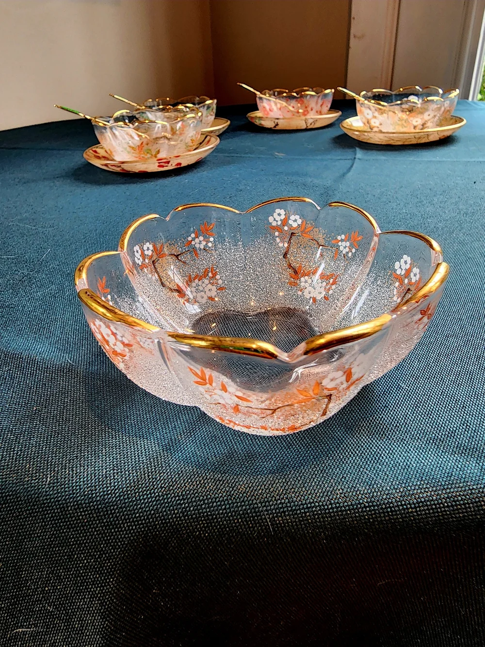 Japanese Gold Floral Glass Cup and Saucer Set with Gold Colored Spoons